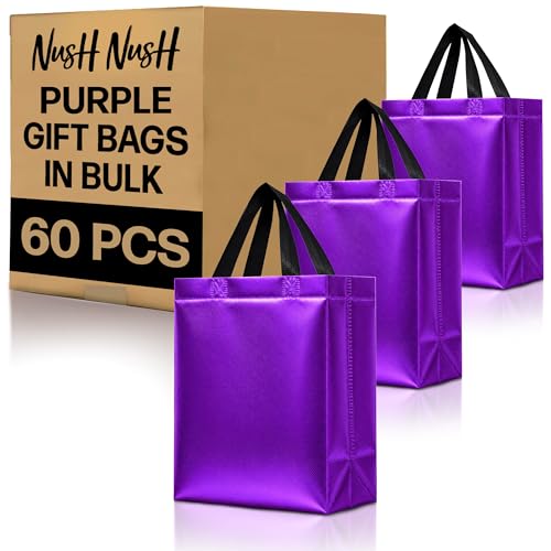 Nush Nush Set of 60 Shiny Purple Gift Bags Bulk Medium Size - Reusable Bulk Gift Bags with Handles - Ideal Goodie Bag For Halloween, Holiday, Small Business, Gifting Events, Birthday - 8Wx4Dx10H