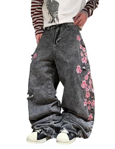 QGRSWBC Men's Baggy Jeans Blossom Embroidery Pattern Wide Leg Y2K Jeans Mid Rise Denim Pants Streetwear Snow Grey S
