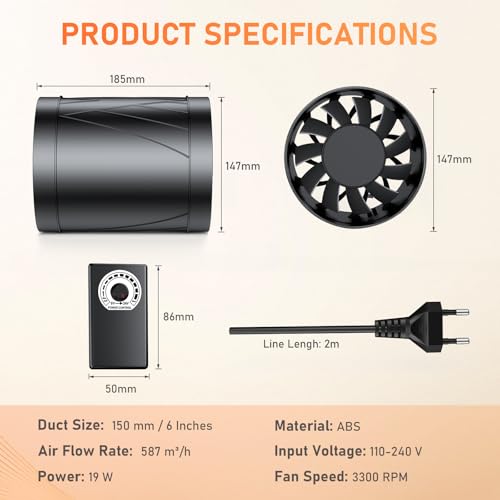 Yrichtra 150mm Rohrventilator, 587 m³/h Rohrlüfter, Regelbar Rauchabzug Ventilator für Effiziente Luftzirkulation, Leiser Abluftventilator für Wintergärten, Keller, Werkstätten, Growzelte, 3D-Druck