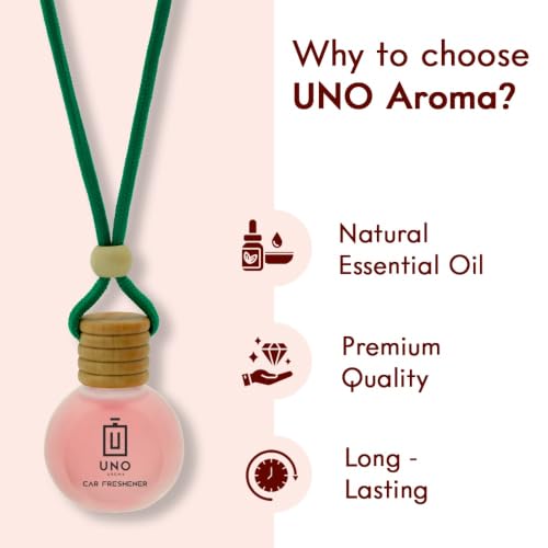 Image of UNO AROMA Strawberry Car Air Freshener, 15ml, Long Lasting Hanging car perfume, Toxin-Free Oil in Glass Bottle with Wooden Diffuser, Car Accessories for fresh aroma, Last Upto-60 Days