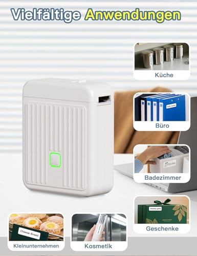 Image of Label Printer with Waterproof Self-Adhesive Labels (12 x 40 mm), Bluetooth Labeling Device, Portable Label Printer, 2000 mAh, Compatible with iOS & Android, for Home, School, and Office (White)