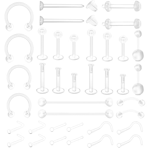 Voarge 14/16G Clair Tragus Nez Retainer Cartilage Helix Daith, Piercing Bioflex Acrylique Plastique Retainers, Lèvre Septum Helix Silicone Barre Langue Téton...