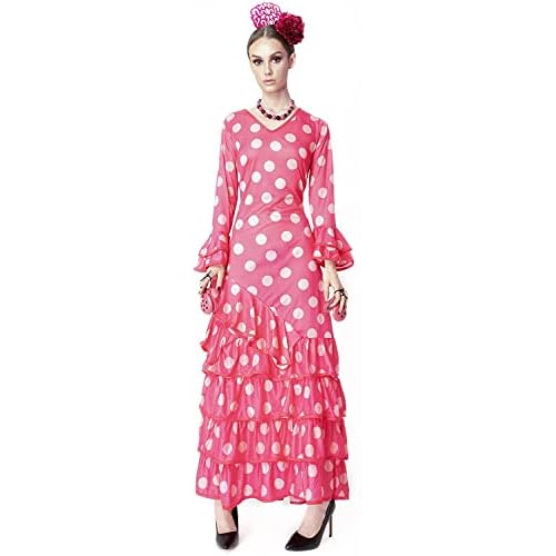 Carnavalife Vestido Flamenca Mujer para Disfraz de Sevillana, Traje Flamenca para Mujer de Feria, Disfraz Vestido Negro para Adultos, Talla L y XL (XL, Fucsia)