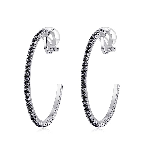 YOQUCOL 4.3CM(1.7in) Silver Clip On Hoop Earrings Black Cubic Zirconia ...