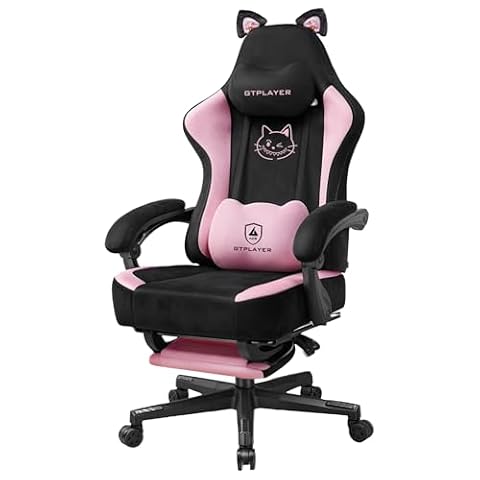 GTPLAYER Urocze krzesło gamingowe z aksamitnym materiałem, ergonomiczne krzesło biurowe dla graczy z kocimi uszami, pianka memory i podnóżek, 150 kg, różowe