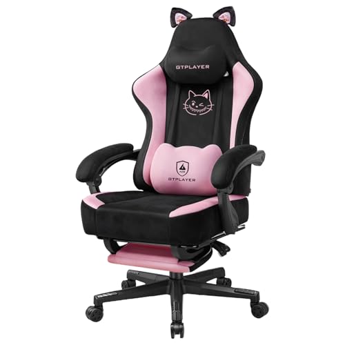 GTPLAYER - Sedia da gaming carina con tessuto in velluto, sedia da gaming, sedia da ufficio ergonomica con orecchie di gatto, memory foam e poggiapiedi, 150 kg, Rosa