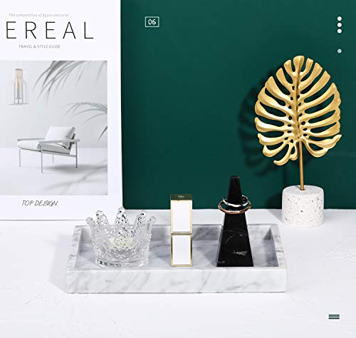 Emibele Natural Marble Tray, Bathroom Countertop Vanity Tray Kitchen Coffee Table Tray Jewelry Organizer Marble Stone Tray for Candle Perfume Cosmetics Shampoo Small Plant Home Decor, Marble White