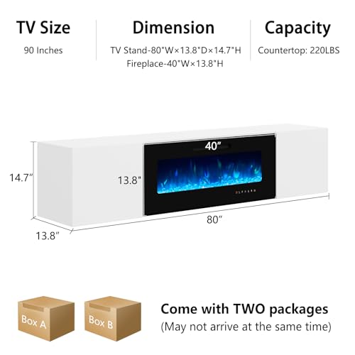 Image of AMERLIFE Floating Fireplace TV Stand, Wall Mounted Mirrored Entertainment Center with 40 inch Electric Fireplace, Modern LED Lights Media Console for TVs Up to 90 inch, White