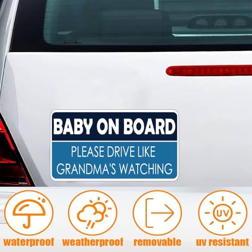 Image of 1step2dream Funny Baby on Board Bumper Sticker 2Pcs, Car Decals | Please Drive Like Grandma's Watching Sign and Reflective See-Through When Driving in The Dark | 7 x 5 Inches