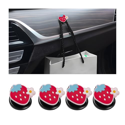 BWBWND 4PCS Car Mini Hooks, Self-Adhesive Backseat Hanger Multifunctional Vehicle Hanging Holder, Dashboard Storage Hook Interior Hanging Organizer for Key USB Cable Earphone (Strawberry)