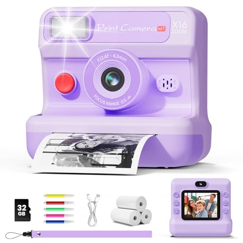 CalineGam Appareil Photo Instantané Enfants, 1080P HD Appareil Photo Numérique Enfant & Double Objectif avec Carte de 32GB & Papier d'impression, Cadeaux...