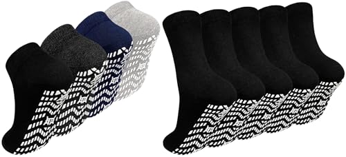Artfasion 5 Pairs Black Mid-Calf Non Slip Socks & 4 Pairs Color Mixing Grip Ankle Socks for Men Women Seniors Hospital Yoga Pilates Fitness Size L