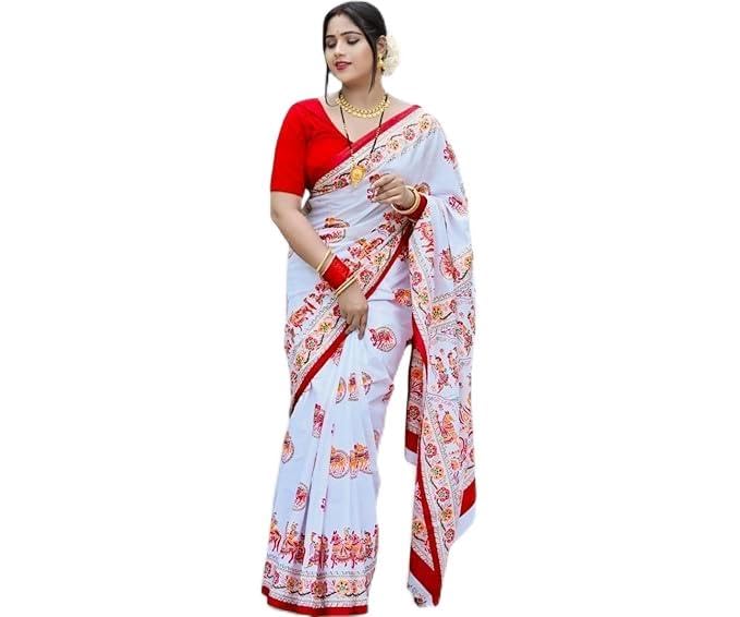 Elegant White Cotton Saree for Women Without Blouse Piece | Traditional Printed Saree with Red Border and Colorful Ethnic Motifs | Soft and Comfortable Pure Cotton Saree-image-35