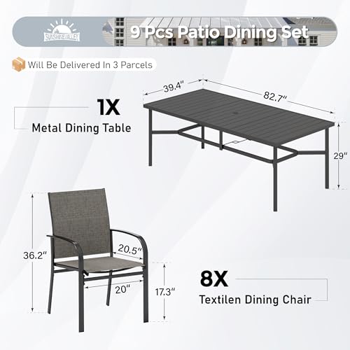 Image of SUNSHINE VALLEY 9pc Patio Dining Set, 83 inch Metal Table & 8 Brown Chairs