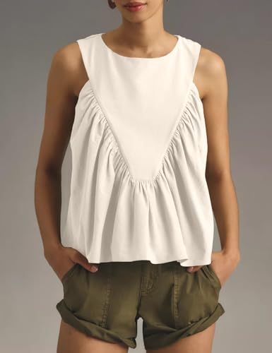Shiyifa Womens Peplum Babydoll Tops Shirred Swing Tank Tops Pleated Flowy Loose Fit Ruffled Vests3