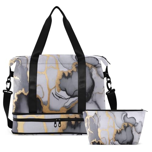 Gray Gold Black Marble Gym Bag for Women Sport Travel Duffel Bag Shoulder Weekender Overnight Bags with Wet Pocket & Shoe Compartment2