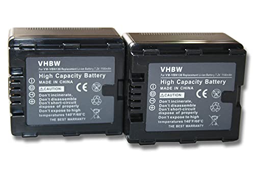 vhbw 2X Batteries Remplacement pour Panasonic VW-VBN130 pour caméra vidéo caméscope (1100mAh, 7,2V, Li-ION) avec Puce d'information