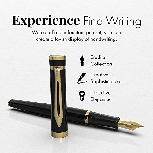 Wordsworth & Black Fountain Pen Set, Medium Nib, Includes 6 Ink Cartridges And Ink Refill Converter, Gift Case, Black Gold And Fountain Pen Ink Bottle (50 Ml) Premium Luxury Edition Racing Green Ink #TOP3
