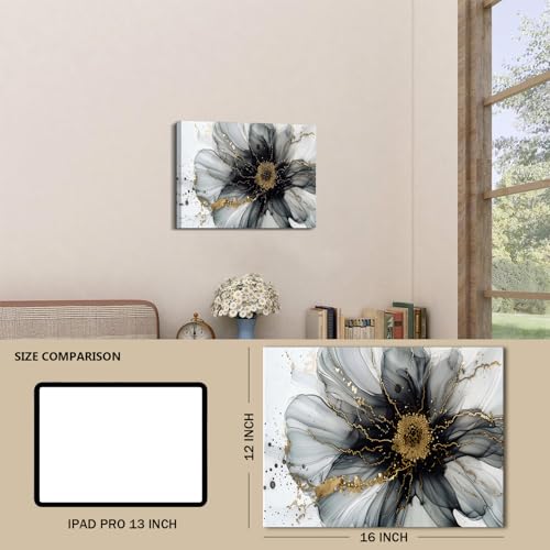 Image of Black and White Gold Abstract Wall Art Modern Wall Decor Marble Flower Fluid Picture Canvas Prints for Bathroom Living Room Watercolor Minimalist Abstracted Painting Artwork Home Decoration 16x24 inch