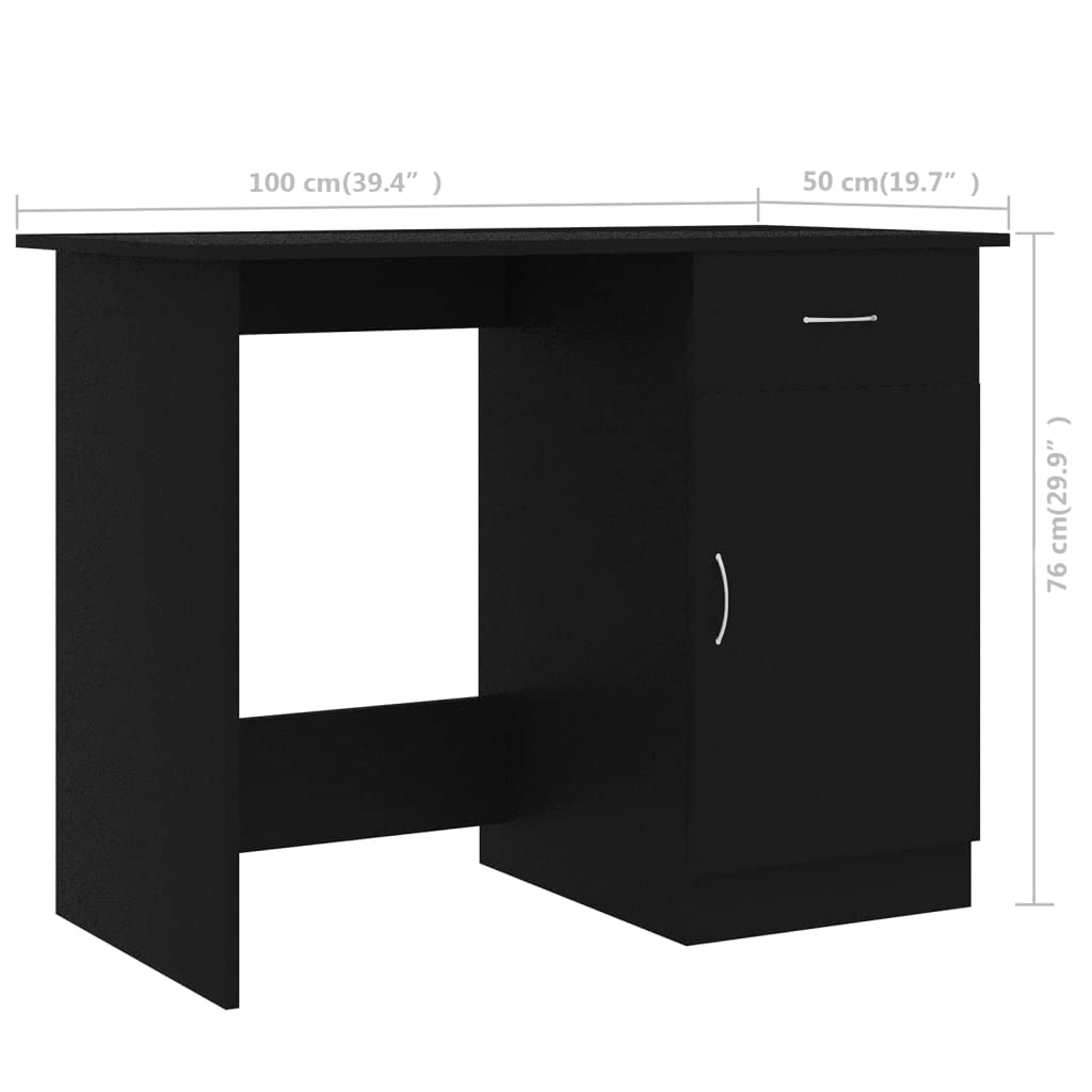 Scrivania nera in legno, 100 x 50 x 76 cm, con cassetto e porta, salvaspazio, per ufficio, casa, studio, ergonomica e durevole, ideale come scrivania per computer o segretario