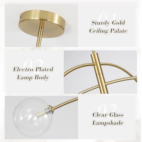 Image of 5 Light Modern Brass Chandelier Fixture White Clear Globe Glass Shade Pendant Light Gold Kitchen Ceiling Large Chandelier for Dining Room Kitchen Bedroom