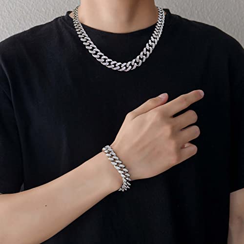 GIHENHAO 2 Mens Cuban Link Chain Silver Miami Cuban Necklace Bracelet Bling Diamond Chain for Men Women 13MM Hip Hop Jewelry(20"+8.5"), Zinc, Rhinestone
