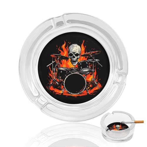 Cenicero redondo de cristal con forma de calavera de baterista en llamas, cenicero decorativo para cigarros y puros con 3 ranuras para interior y exterior