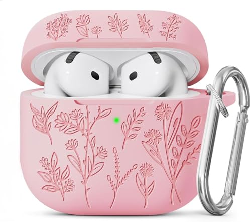 Image of Meyaar Silicone Case for AirPods 4 Floral Embossed, Flower Engraved Soft Silicone Cover with Keychain, Anti-Scratch, Shockproof Protective Case Cover (Pink, for AirPods 4 (2024)