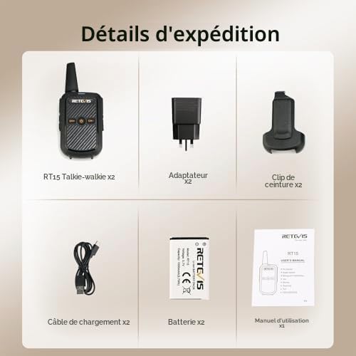Retevis RT15 Talkie-Walkie, Rechargeables Talkies Walkies Portable Professionnelle, Son Clair, VOX, Mini Radio Bidirectionnelle Longue Portée pour Cadeaux de Famille, Camping (Noir, 1 Paire)