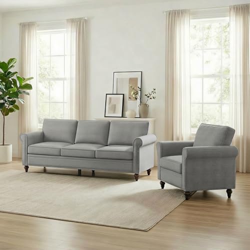 Image of ijuicy 2-Piece Sectional Sofa Set, Modern Linen Couch Set (Light Gray) | with 5 inch Thicken Cushion & Nailhead Trim, Living Room Furniture Set- 3 Seat Sofa and Armchair