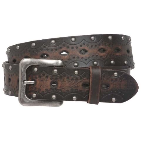 1 1/2" Snap on Perforated Studded Vintage Embossed Solid Leather Jean Belt, Brown | 40" Cover