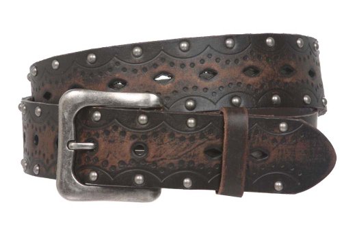 1 1/2" Snap On Perforated Studded Vintage Embossed Solid Leather Jean Belt, Brown | 38" #TOP11