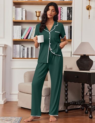 Image of Ekouaer Pajamas for Women Set Button Up Soft Pjs Short Sleeve 2 Piece Lounge Sets Comfy Sleepwear