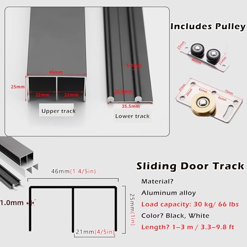 Bypass Door Hardware, Kit de Herrajes para Puertas Correderas de Closet, Riel de Aluminio con Rodillos, 100cm/39.4in miniatura 2