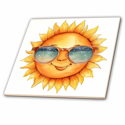 6 Inch Glass Tile - Cute Sun with Sunglasses Illustration Illustrations