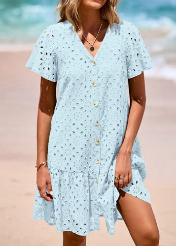 Image of KIRUNDO Eyelet Dresses for Women Button Down Mini Babydoll