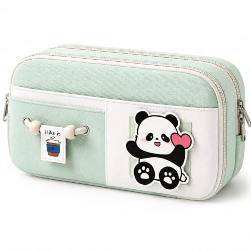 Image of FINEMOE Kawaii Pencil Pouch for Girls & Boys, Cute Green School Pencil Case, 10 Layer Large Capacity Stationery Organizer with Zipper, Aesthetic Storage Bag for Kids, Return Gifts (Green)