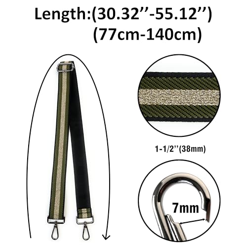 Image of Black Green Gold Thread Stripe Purse Strap with Gunmetal Black Hardware 1-1 /2 Inch Wide Replacement Crossbody Guitar Style Shoulder Strap for Handbags Totes