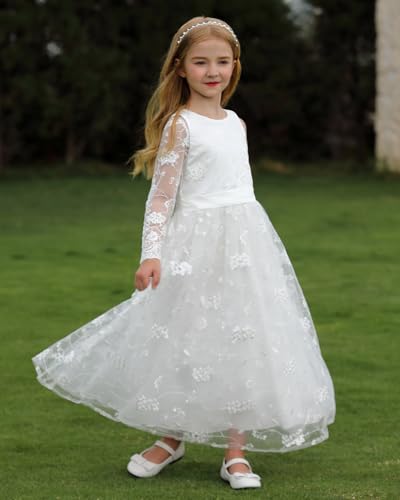 Image of ABaoWedding Lace A-Line Flower Girl Dress | Sleeveless,Floral Embroidery,Hidden Zipper.Perfect for Kids Wedding,Communion,Pageant & Formal Events.