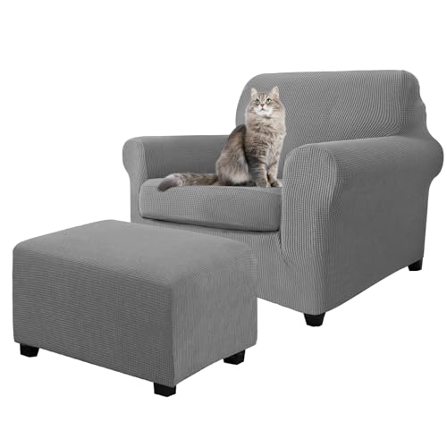 KSLHRCB 3 Piece Stretch Matching Chair and Ottoman Slipcover Set, Jacquard Arm Chair/Ottoman/Fitted Seat Covers, Non-Slip Accent Armchair and Foot Stool Slip Cover (Light Gray,3 Pieces Set)