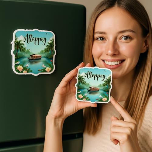 Image of Naxon Alleppey Kerala Souvenir Wooden Fridge Magnet - 3x3 Inch Refrigerator Magnet for Kitchen & Home Decor | Travel Souvenir Gift with Backwaters & Houseboat Design | Pack of 1