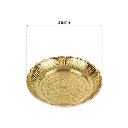 Image of Klassic Small Brass Puja Thali /Bhog Thali for Mandir with Flower Engraved Design for Home & Temple Decoration & Gifting (Gold, 4 Inch, Pack of 4)
