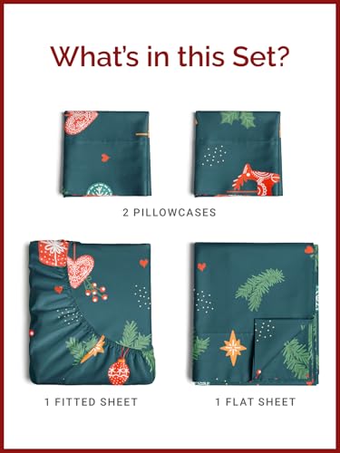 Queen Green Christmas Sheet Set - Holiday Xmas Pattern Bedding Set - Deep Pockets - Snug Fit - 4 Piece - Wrinkle Free & Easy Care - Comfy Festive Winter - Holiday Sheets for Women, Men, Kids & Teens