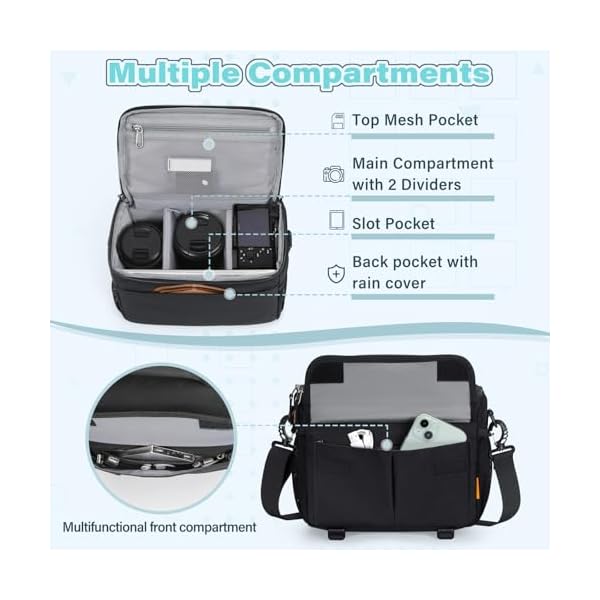 RAINSMORE Camera Bag for DSLR SLR Mirrorless Camera,Small Camera Sling Bag for Photographers Waterproof Camera Case with Tripod Holder Compact Camera Bag Crossbody with Rain Cover Black