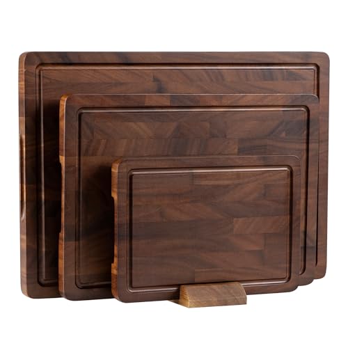 THETCHRY Walnut Wood Cutting Board Set, End Grain Cutting Boards for Kitchen with Handle, Non Toxic Wooden Charcuterie Boards Double Sided, Butcher Block for Meal Prep & Serving with Gift Box