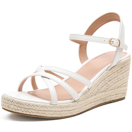 Image of Dressy Open Toe Sandals Platform Wedge Sandals with Cushioned Insole and Ankle Strap Buckle,Strappy Espadrille Wedge Sandals for Women Comfortable Summer