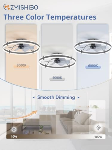 Image of ZMISHIBO Low Profile 24'' Ceiling Fans with Lights and Remote, Gray | 3000-6000K Dimmable LED Fandelier, Quiet DC Motor, Reversible Airflow, 6 Wind Speeds, Timer, Bedroom, Living Room, Kitchen