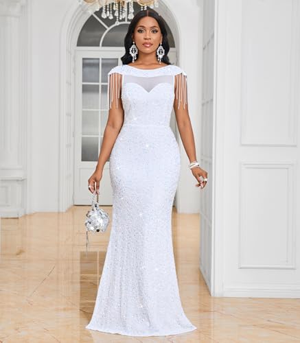 Image of Cololura Women Sexy Sequin Mesh Perspective Bodycon Party Cocktail Evening Gown Maxi Dress