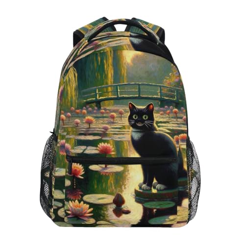 Kids Back Pack, Lightweight Kids Travel Backpack for Boys Girls Back to School Essentials, 15L, Black Cat Water Lilies