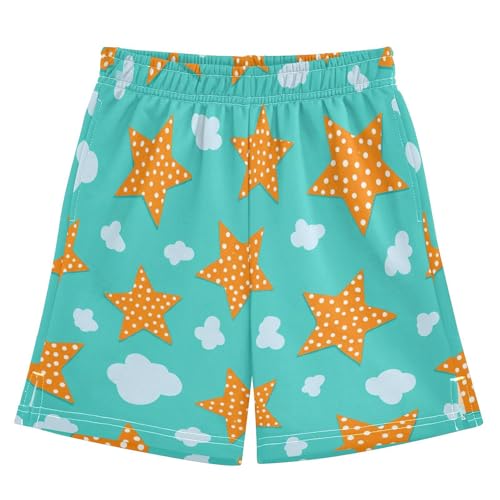 Orange Stars Athletic Shorts with Zipper Pockets, Youth Boys Athletic Running Shorts for Summer
